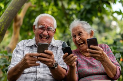 A alegria radiante de um casal de idosos enquanto sorriem, envolvidos em seus smartphones. a imagem traz a importancia da conectividade para os mais velhos.